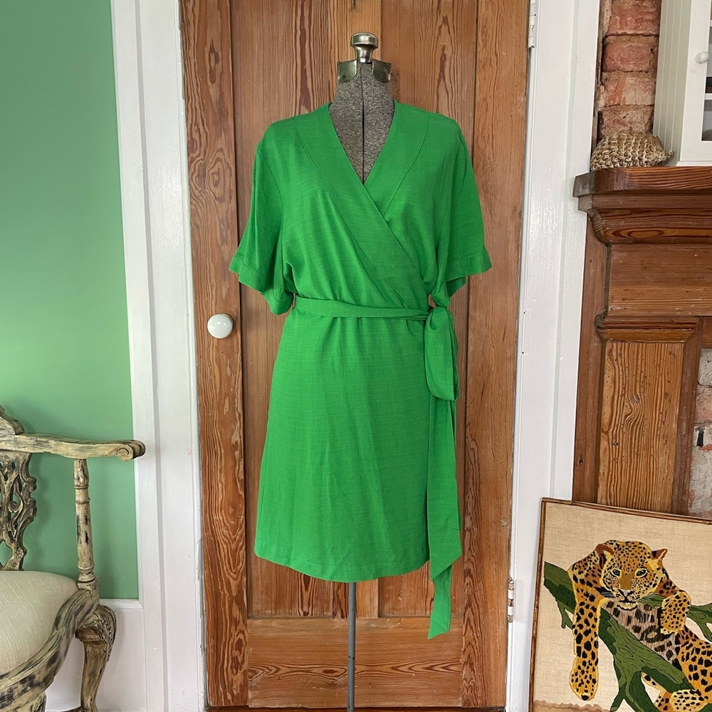 Green Wrap Midi Dress with Tie Belt